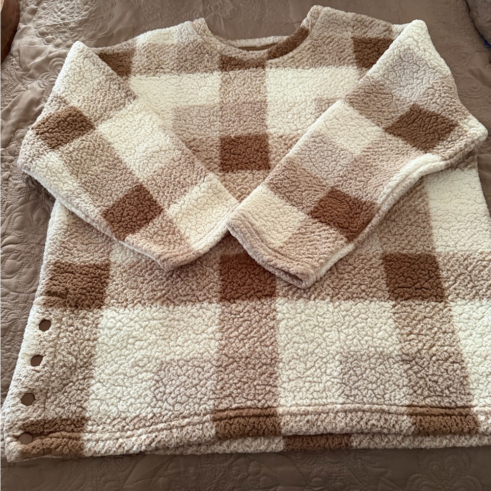 Plaid Sherpa Men's Sweater - Cream and Brown